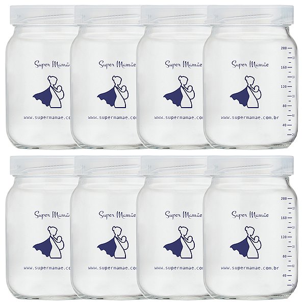 Kit 8 Potes de Vidro para Leite Materno Super Mamãe 200ml com Graduação