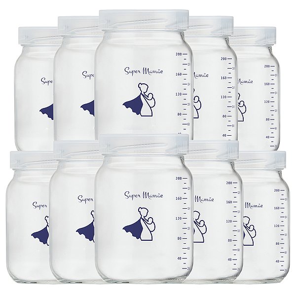 Kit 10 Potes de Vidro para Leite Materno Super Mamãe 200ml com Graduação