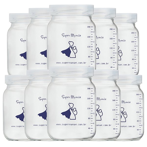Kit 14 Potes de Vidro para Leite Materno Super Mamãe 200ml com Graduação