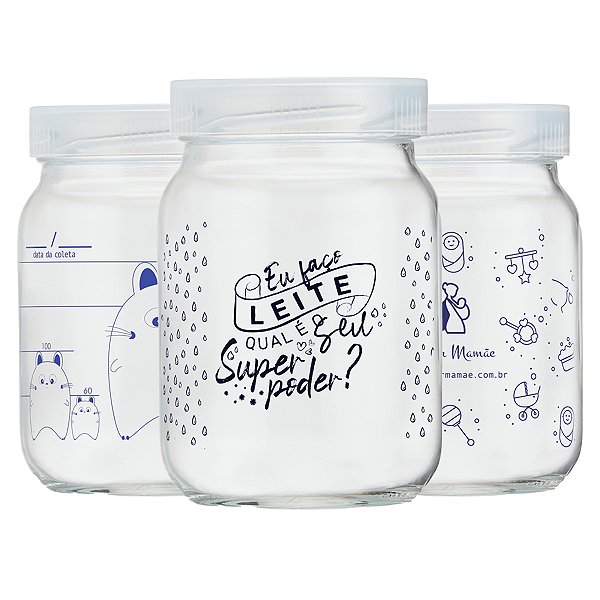 Kit 3 Potes de Vidro para Leite Materno Super Mamãe 200ml Decorados