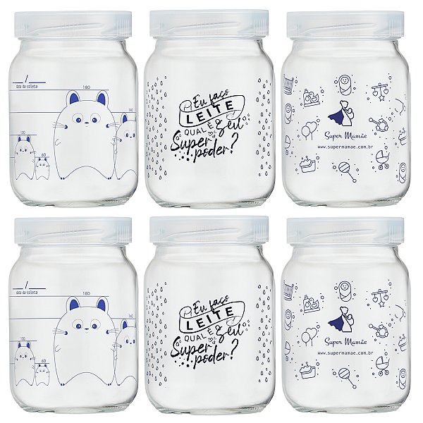 Kit 6 Potes de Vidro para Leite Materno Super Mamãe 200ml Decorados