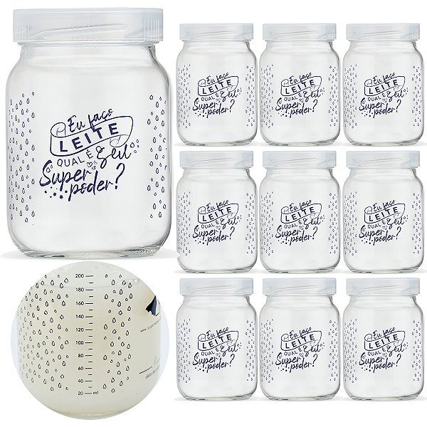 Kit 10 Potes de Vidro para Leite Materno Super Poder! 200ml