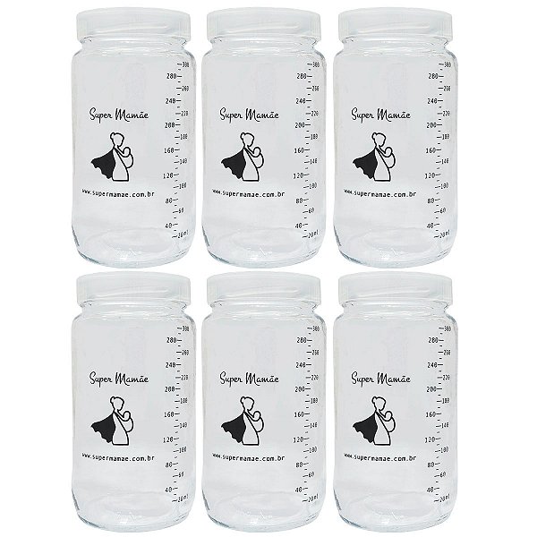 Kit 6 Potes de Vidro para Leite Materno Super Mamãe 300ml com Graduação