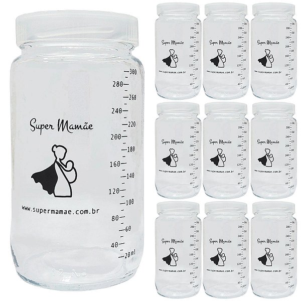 Kit 10 Potes de Vidro para Leite Materno Super Mamãe 300ml com Graduação