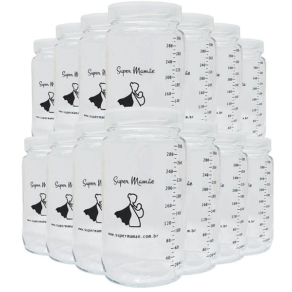 Kit 24 Potes de Vidro para Leite Materno Super Mamãe 300ml com Graduação