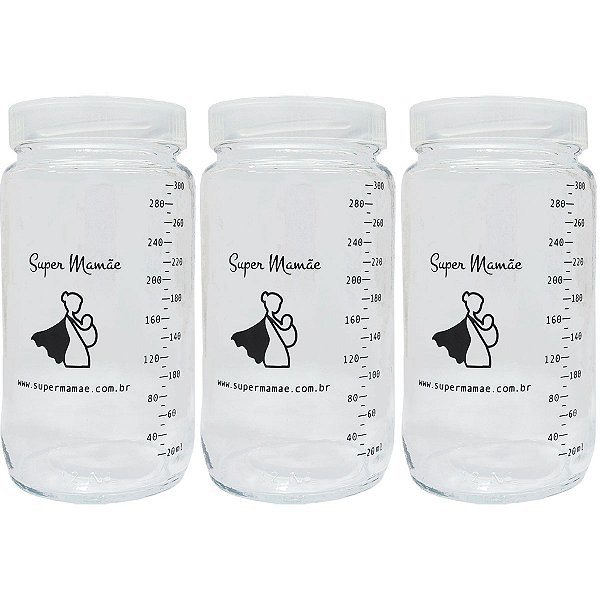 Kit 3 Potes de Vidro para Leite Materno Super Mamãe 300ml com Graduação