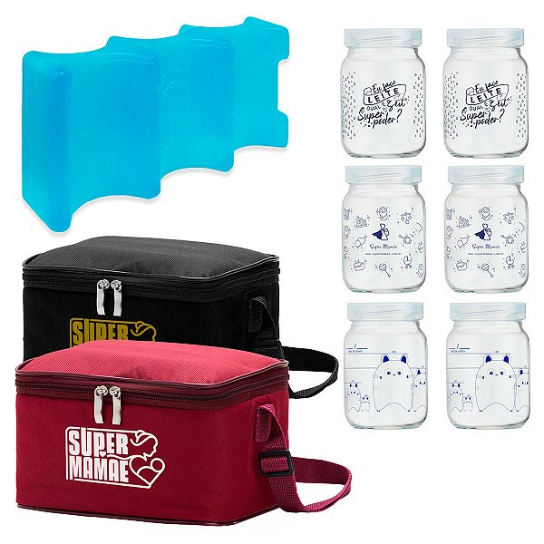 Bolsa Térmica 6 Potes Decorados 200ml + Gelo | Super Mamãe