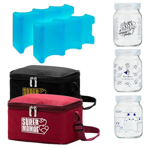 Bolsa Térmica 3 Potes Decorados 200ml + 2 Gelos | Super Mamãe
