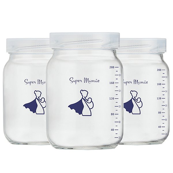 Pote de Vidro para Leite Materno 200ml com Graduação - Super Mamãe