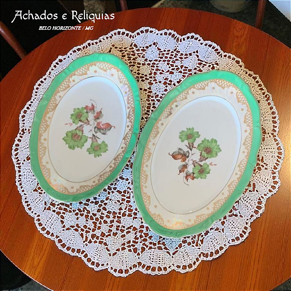 Maravilhosas travessas Steatita Paraná – porcelana fina em tons de verde e douração manual