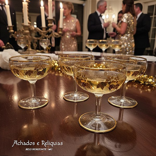 Conjunto de 6 Taças de Brinde com Detalhes Dourados e Motivo de Uvas