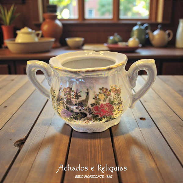 Açucareiro Japonês Perolado com Motivo Floral e Faisão