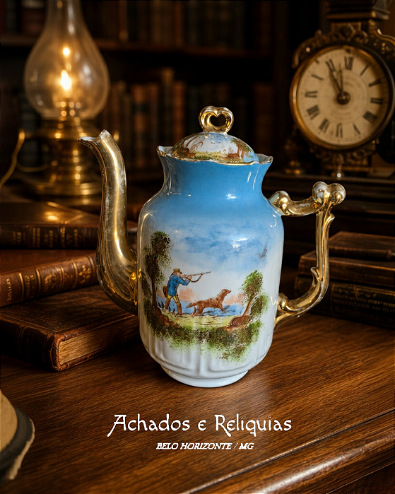 Bule Belle Époque de Porcelana de Limoges, França - Caçada Campestre