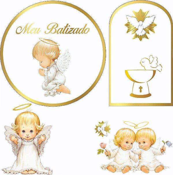 Batizado Anjinho Kit Festa na Mesa 50cm Painel Redondo Romano e Display Mdf