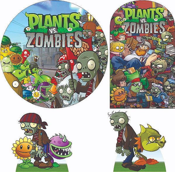 Plantas VS Zumbis Kit Festa na Mesa 50cm Painel Redondo Romano e Display Mdf