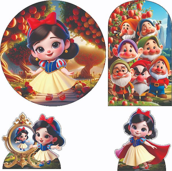 Branca de Neve Cut Kit Festa na Mesa 50cm Painel Redondo Romano e Display Mdf