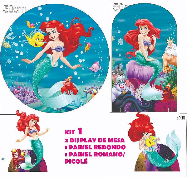 Ariel Pequena Sereia Kit Festa na Mesa 50cm Painel Redondo Romano e Display Mdf