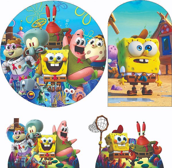 Bob Esponja Kit Festa na Mesa 50cm Painel Redondo Romano e Display Mdf