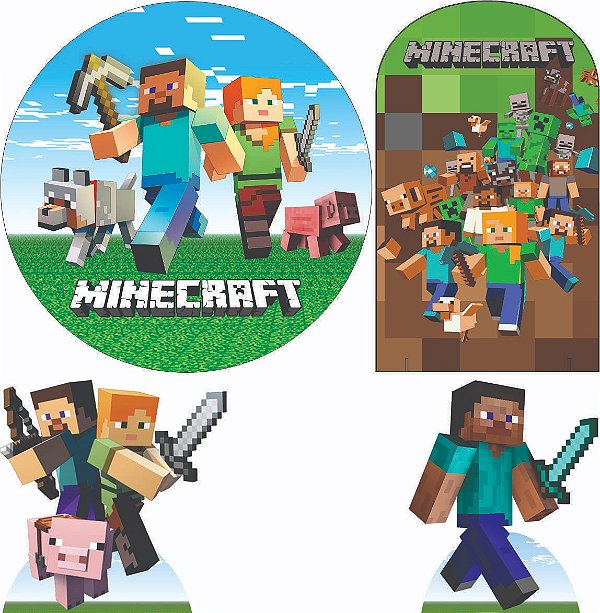 Minecraft Kit Festa na Mesa 50cm Painel Redondo Romano e Display Mdf