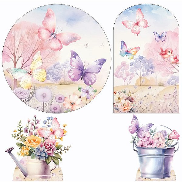 Jardim das Borboletas Kit Festa na Mesa 50cm Painel Redondo Romano e Display Mdf