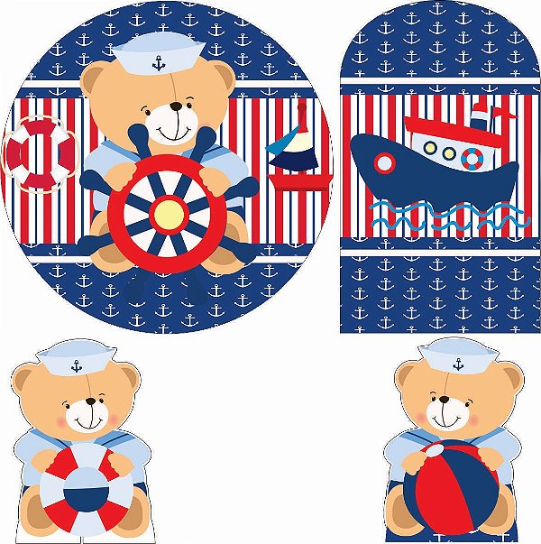 Ursinho Marinheiro Kit Festa na Mesa 50cm Painel Redondo Romano e Display Mdf