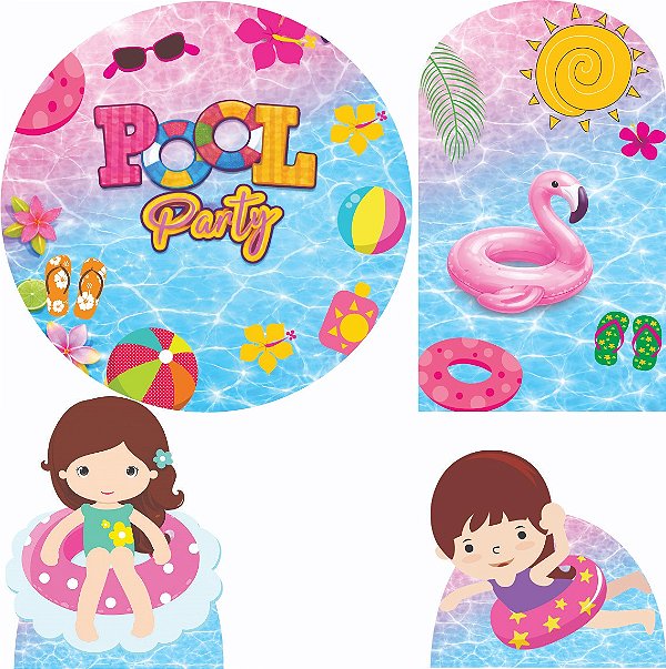 Pool Party Kit Festa na Mesa 50cm Painel Redondo Romano e Display Mdf
