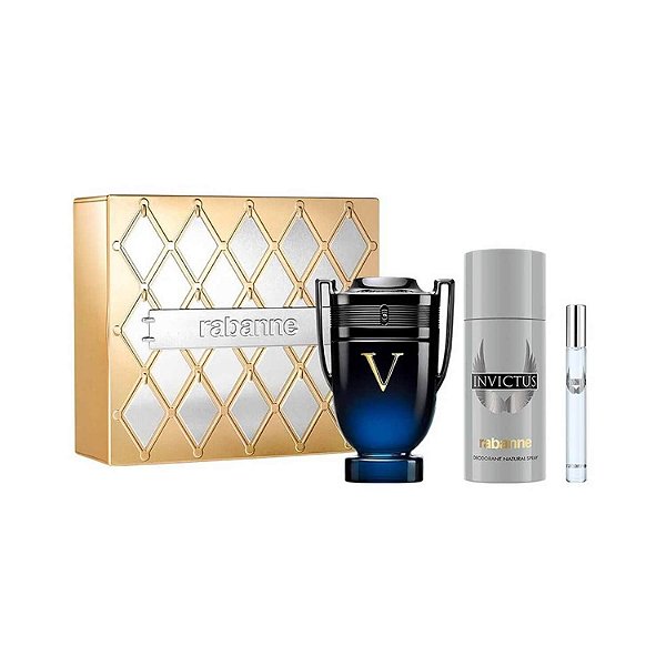 Kit Rabanne Invictus Victory Elixir Masculino Parfum Intense 100ml + Deo 150ml + Travel EDT 10ml