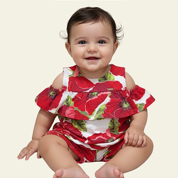 Conjunto Infantil Anime - Estampa Floral Vermelha - Tamanho M - Baby