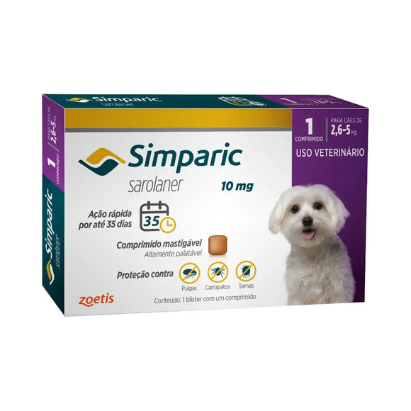 Antipulgas Simparic 10mg Para Cães 2,6 a 5kg 1 comprimido