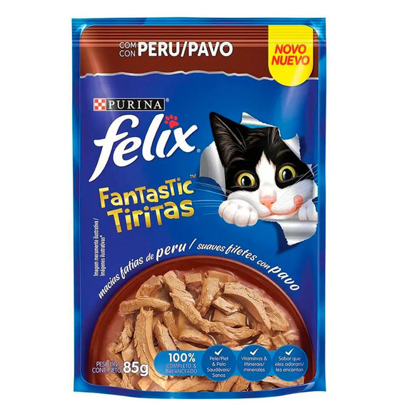 Ração Úmida Félix Gatos Adultos Fantastic Tiritas Peru 85 g