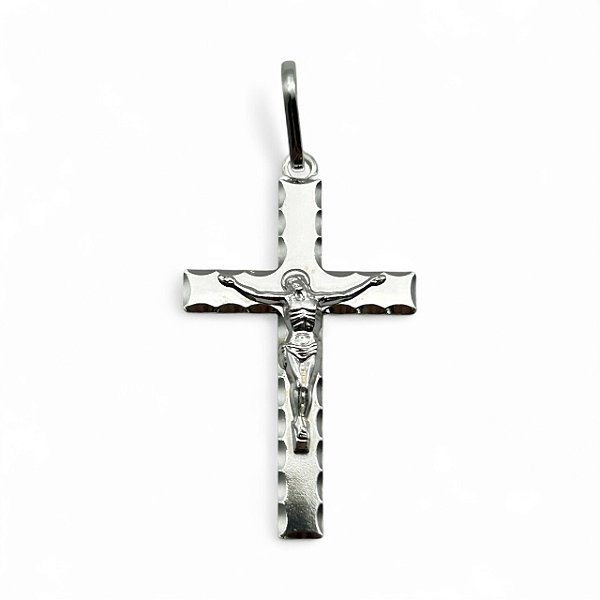Pingente de Prata Cruz com Cristo Borda Diamantada 25x15mm