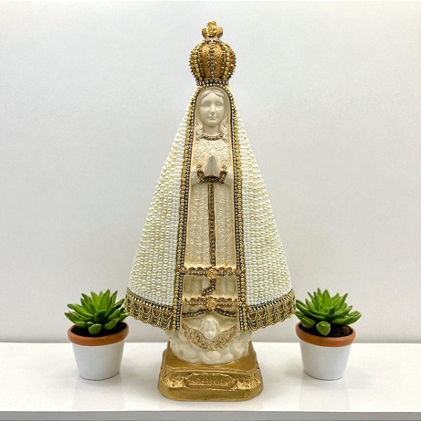 Imagem De Gesso Com Pérola N. Sra. Aparecida Dourada Nude 39cm