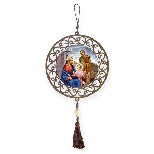 Adorno de Porta Sagrada Família Redondo com Arabesco em MDF 32cm