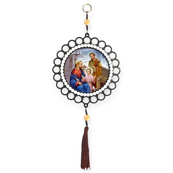 Adorno de Porta Sagrada Família Redondo com Moldura Branca em MDF 37cm