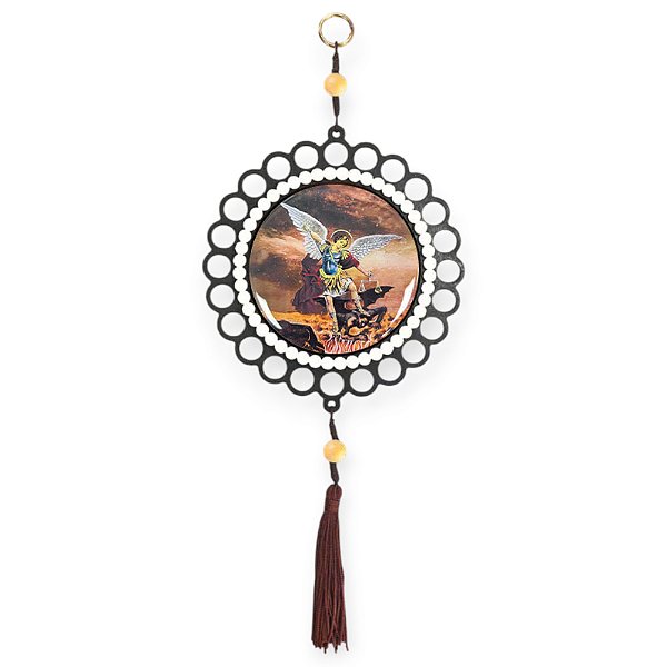 Adorno de Porta São Miguel Redondo com Moldura Branca em MDF 37cm