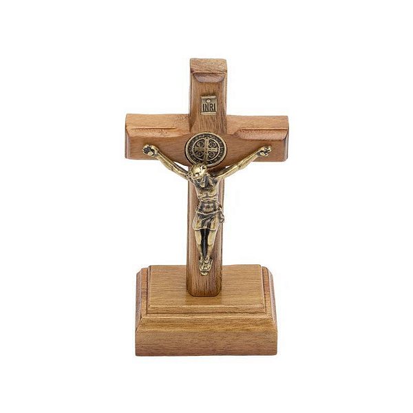 Crucifixo Madeira Mesa 7cm Com São Bento