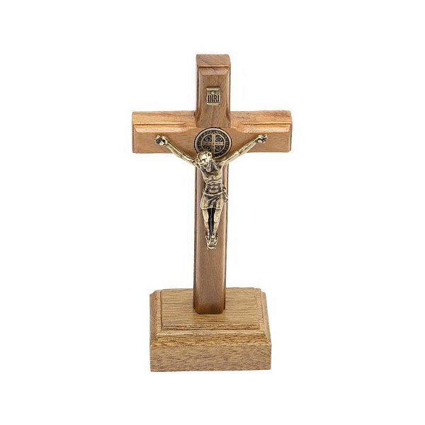 Crucifixo Madeira Mesa 9cm Com São Bento