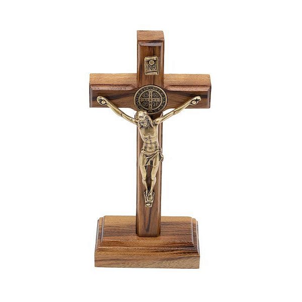 Crucifixo Madeira Mesa E Parede 12cm Com São Bento