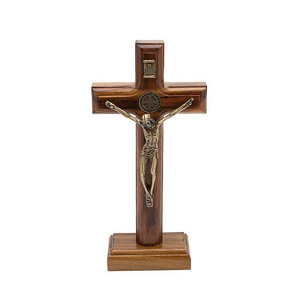 Crucifixo Madeira Mesa E Parede 17cm Com São Bento