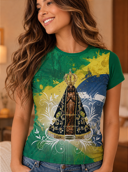 Camiseta Baby Look Nossa Senhora Aparecida Verde Bandeira Sabatini