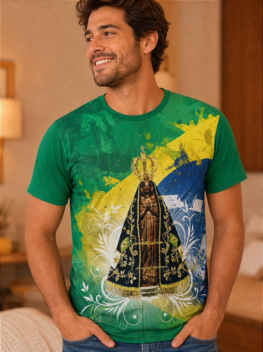 Camiseta Tradicional Nossa Senhora Aparecida Verde Bandeira Sabatini