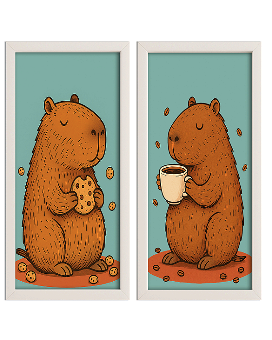 Quadros Duplo Vertical Capivara Café E Cookies Decorativo