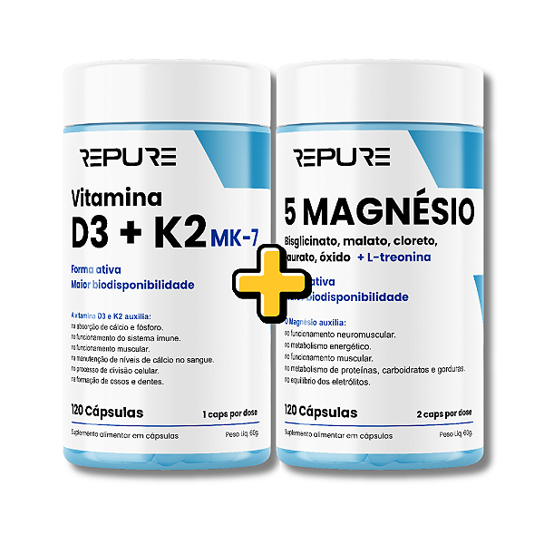 KIT COM: Vitamina D3 + K2 MK-7 + 5 Magnésios - 120 + 120 Caps