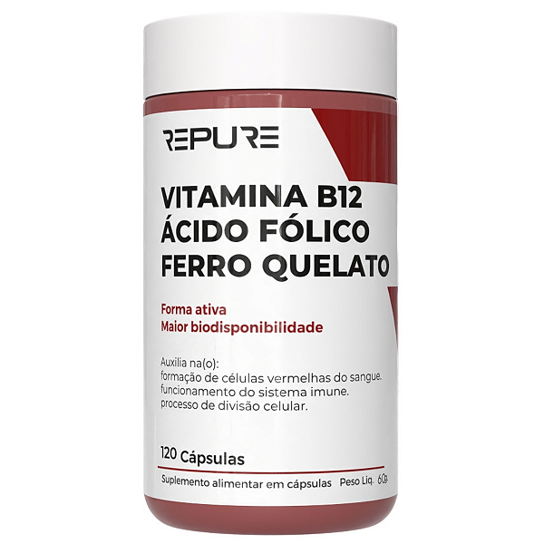 Ferro Quelato, Ácido Fólico e Vitamina B12 - 120 Cápsulas