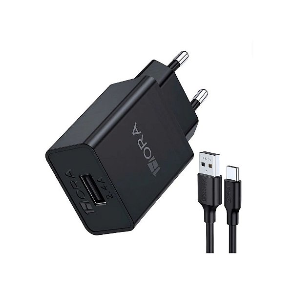 KIT Carregador Usb-C 12w 2.4A 1m Preto GAR-142-EU 1HORA