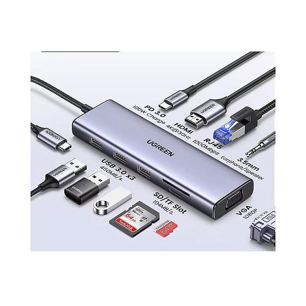 Hub Adaptador 10x1 HDMI+VGA Plug/Play 4k30Hz 15601 Ugreen