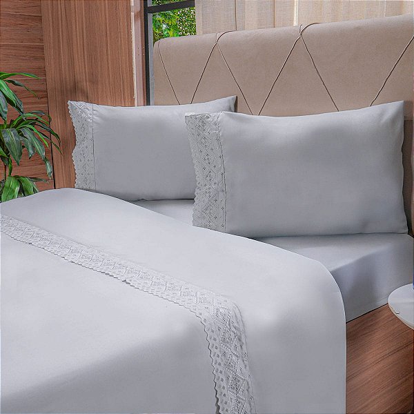 Jogo de Cama Broderie Microfibra Queen 4 Peças Cinza