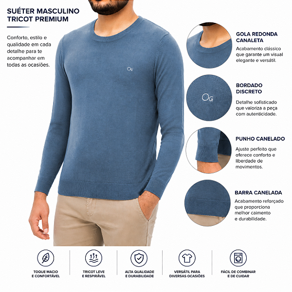 Suéter de Tricot Slim Ogochi Masculino Azul Vintage Índigo