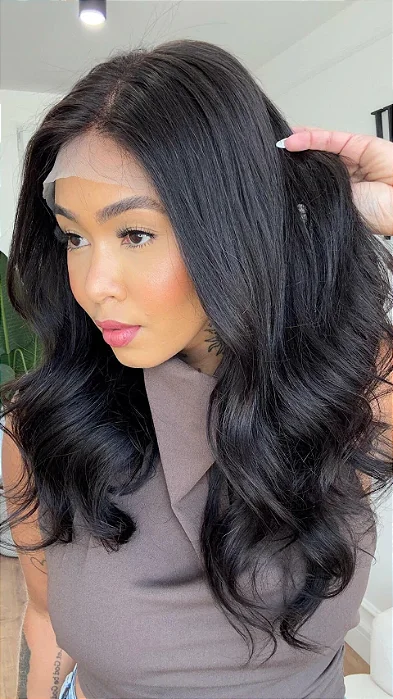 Peruca Lace Front Humana - Cabelo Castanho Escuro Natural 60cm