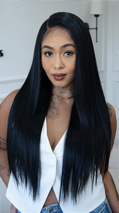 Peruca Lace Front - Cabelo de Fibra Futura Preto Natural